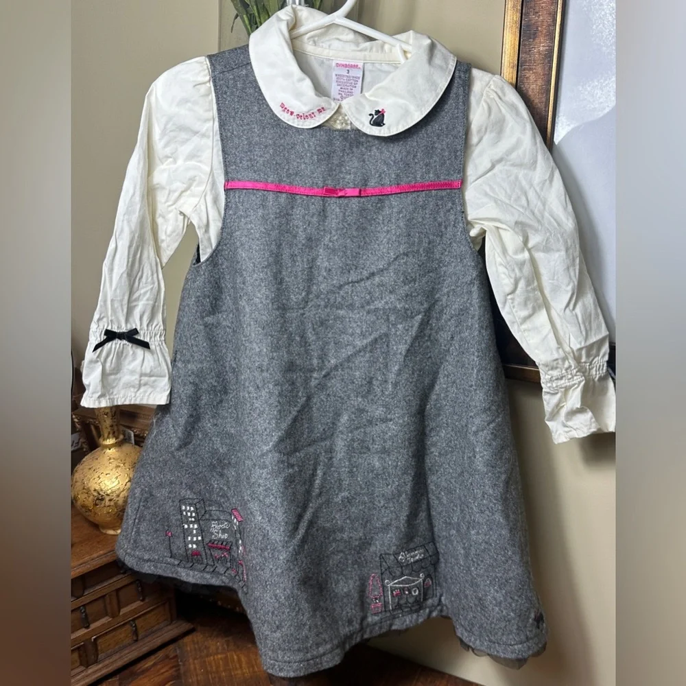 Vintage Gymboree Sz‎ 3 City Sidewalk Gray Wool Dress & Embroidered White Blouse